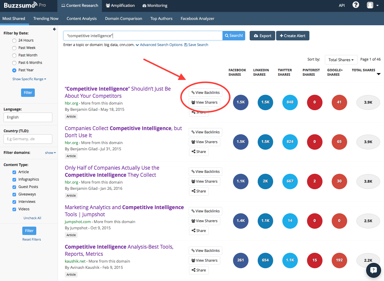 BuzzSumo Screenshot - backlinks/sharers