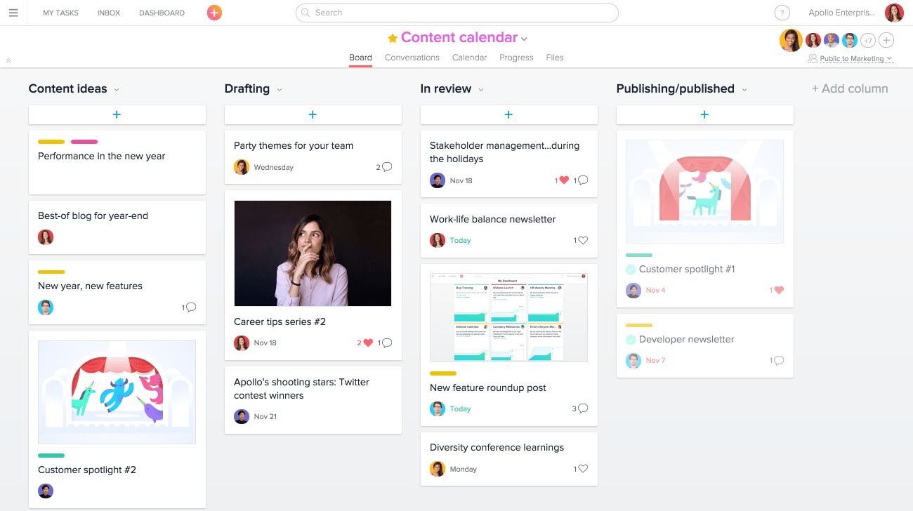 Kanban Style Editorial Calendar in Asana