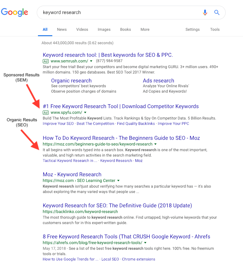 Google search results showing sponsored results (SEM) and organic results (SEO).