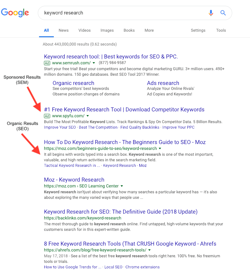 Google search results showing sponsored results (SEM) and organic results (SEO).