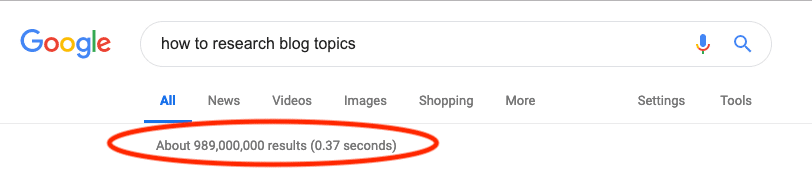 Google search results for "how to research blog topics."