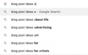 Example of using Google auto suggest to come up with blog post topics.