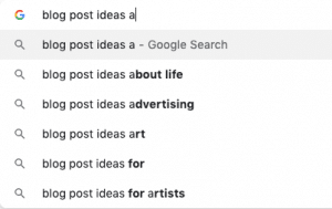 Example of using Google auto suggest to come up with blog post topics.