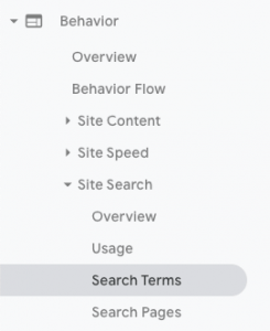 Navigation for finding internal search terms in Google Analytics.
