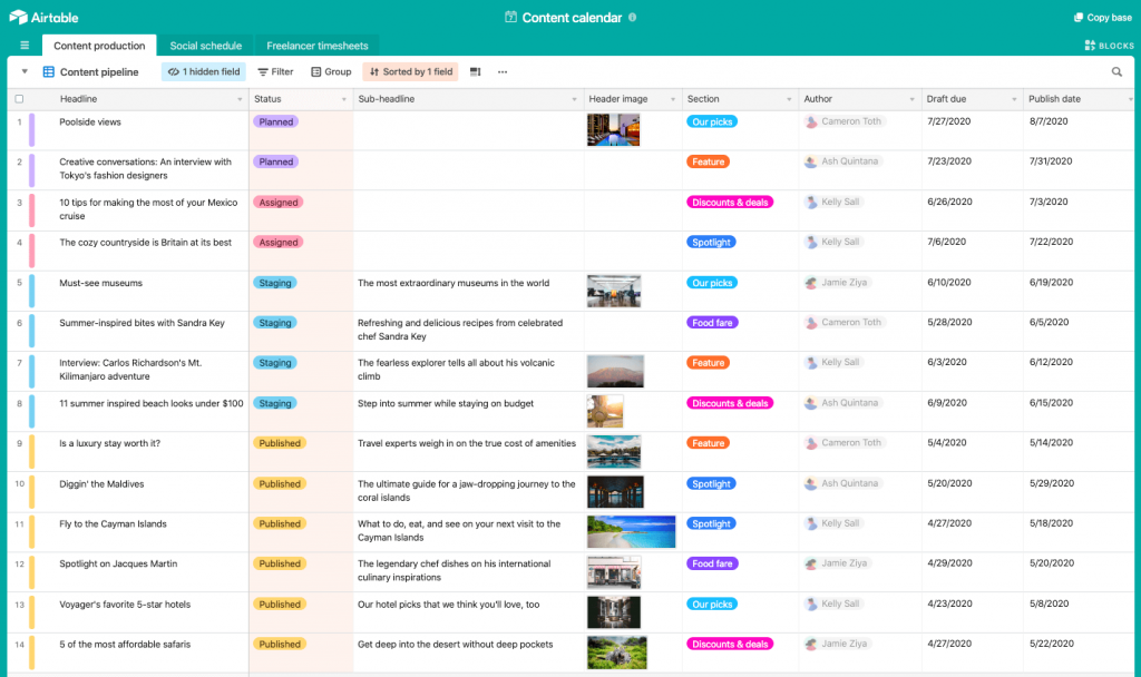 Example of an Airtable content calendar.