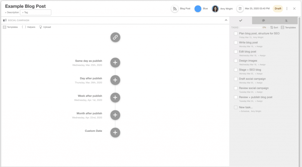 Example of blog post project using social sharing feature in CoSchedule editorial calendar.