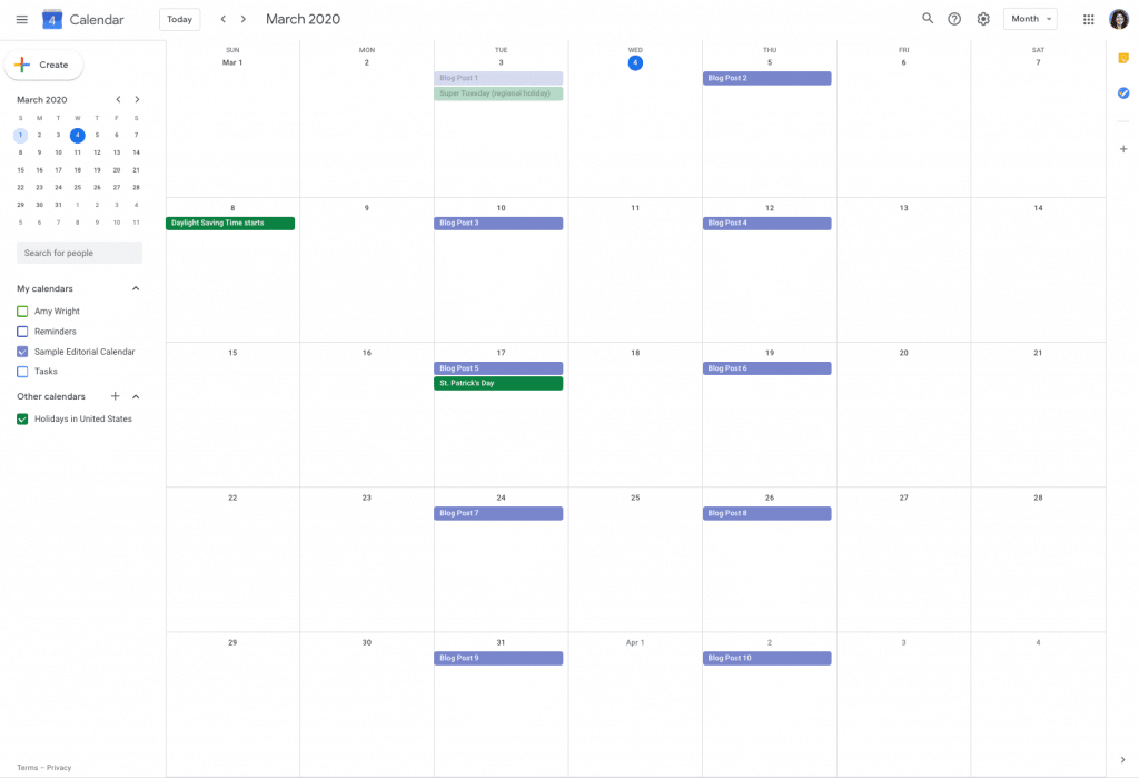 Example of a Google editorial calendar.