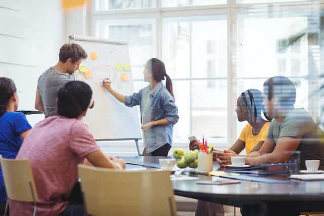 People meeting to discuss the goals and objectives for a content marketing strategy.