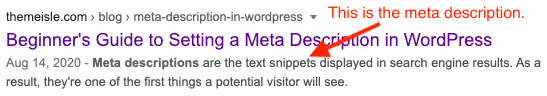 Screenshot of a search engine result to show the meta description.