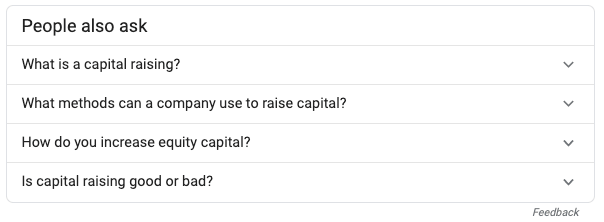 Google's "people also ask" box for the keyword "capital raising strategies." 