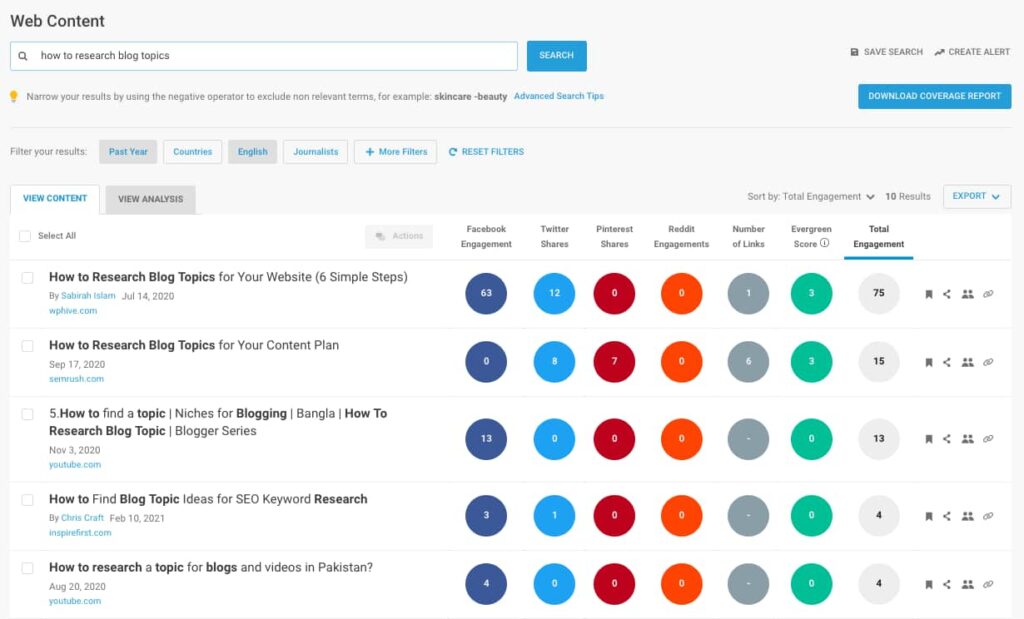 Image showing a search for "how to research blog topics" in BuzzSumo.